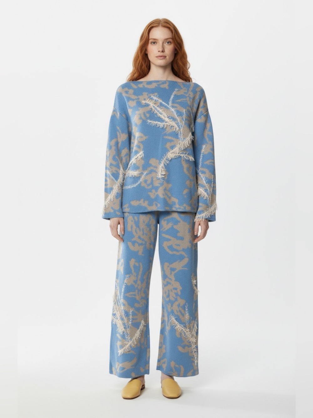 Lafayette 148 Silk Cashmere cornflower blue embroidered tassel wide leg pants L